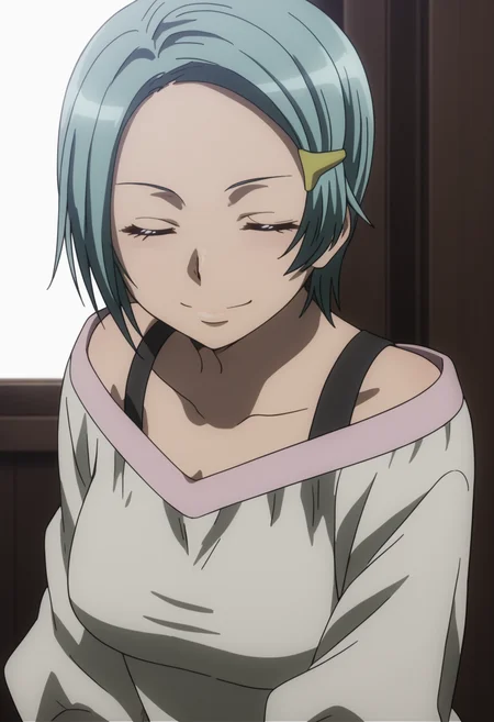 score_9, score_8_up, score_7_up, source_anime, BREAK 1girl, solo, <lora:DX888Hitomi:1> karuko hitomi, short hair, hairclip, blue hair, dress, off shoulder, closed eyes, doyagao, proud, happy, smug, ^ ^, v-shaped eyebrows, = =, closed eyes, on a tropical island, seashore , outdoors, solo , on ground, on side, looking at viewer, elbow rest,