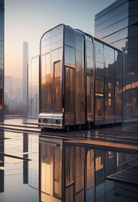 njmjzkz, no humans, reflection, train, art deco, bauhaus, ground vehicle, glass reflective building, outdoors, realistic zPDXL