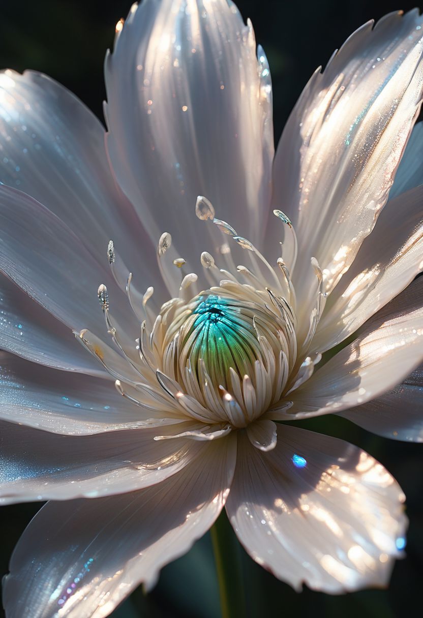 official art, unity 8k wallpaper, ultra detailed, beautiful and aesthetic, masterpiece, best quality,
A stunningly vibrant close-up of a silver flower petal. Against this serene backdrop, a tiny, iridescent  dragonling is about to perch delicately on the edge of the petal.