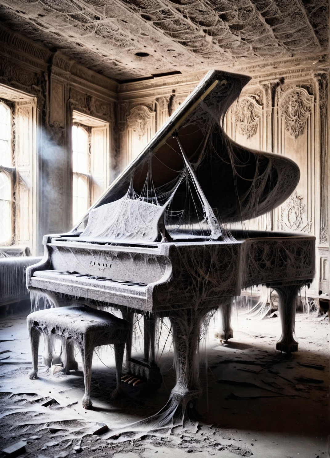 An ais-cbwbs grand piano covered in dust in an abandoned ballroom <lora:ais-cbwbs-sdxl:1>