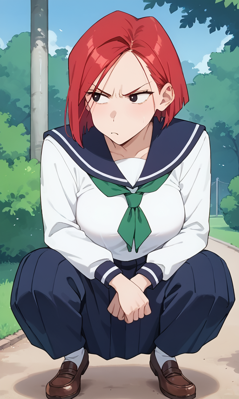 (1girl:1.5), (solo:1.3), (score_9, score_8_up, score_7_up, score_6_up, score_5_up, score_4_up), (source_anime), rating_questionable, looking away, (cowboy shot:1.3), outdoors, park, tree, bush, blue sky, 
 <lora:black-lizard_v1:0.8> (black-lizard), (angry, furrowed brow, black eyes, red hair, short hair, parted bangs), (school uniform, serafuku, white shirt, long sleeves, blue sailor collar, blue long skirt, green neckerchief), (large breasts),
(slav squatting, clenched hans:1.5),