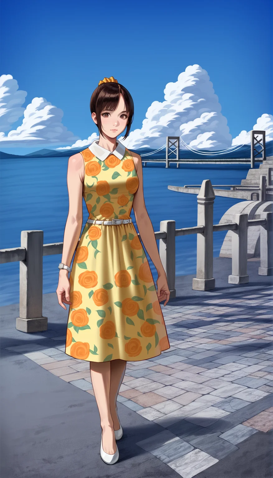 score_9,score_8_up,score_7_up,
highly detailed,highres,photorealism,(realistic:1.2),
<lora:miiyamotohikari:0.9>,miiyamotohikari,
1girl,solo,black hair,bangs,orange scrunchie,brown eyes,sleeveless yellow dress,white collar,white wristwatch,white belt,white flat shoes,
full body,
blurry background,outdoors,beautiful landscape,clear sky,ocean,cloud,pavement,stone lantern,stone steps,sea fence,bridge in the background,distant mountains,summer,