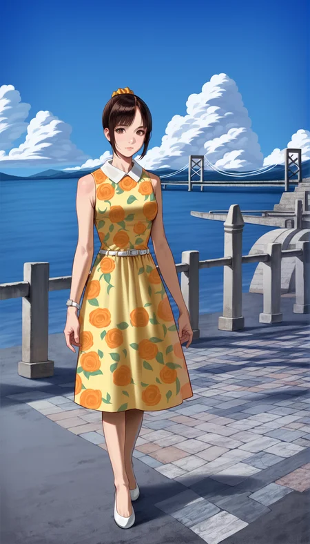 score_9,score_8_up,score_7_up,
highly detailed,highres,photorealism,(realistic:1.2),
<lora:miiyamotohikari:0.9>,miiyamotohikari,
1girl,solo,black hair,bangs,orange scrunchie,brown eyes,sleeveless yellow dress,white collar,white wristwatch,white belt,white flat shoes,
full body,
blurry background,outdoors,beautiful landscape,clear sky,ocean,cloud,pavement,stone lantern,stone steps,sea fence,bridge in the background,distant mountains,summer,