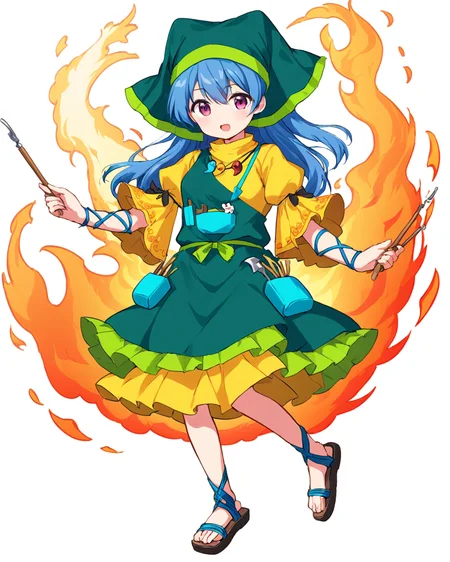 haniyasushin keiki,1girl, solo, sandals, yellow_dress, green_apron, open_mouth, between_fingers, magatama_necklace, head_scarf, tools, white_background, green_headwear, full_body, arm_ribbon, fire, looking_at_viewer, simple_background, single_strap, puffy_short_sleeves, :d, pocket
<lora:haniyasushin_keiki_image1264_2023-12-20-000014:1>,star-shaped_pupils,symbol-shaped_pupils,. gorgeous,key visual, vibrant, studio anime,award-winning, professional, highly detailed,high budget, cinemascope