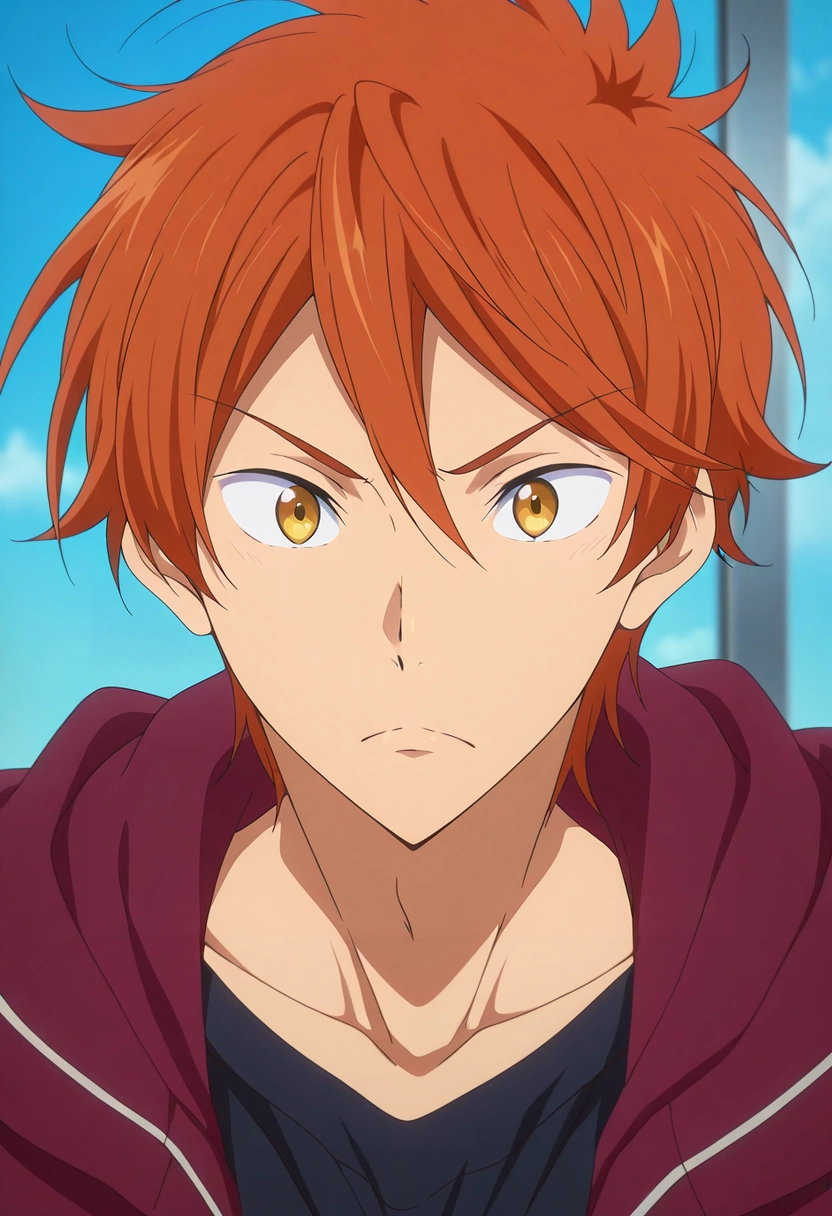 masterpiece, best quality, , anime screencap, anime coloring, official style, looking at viewer, 1boy, solo, male focus, <lora:momotarou_mikoshiba_ilxl:0.92>, momotarou_mikoshiba, orange hair, yellow eyes, ,