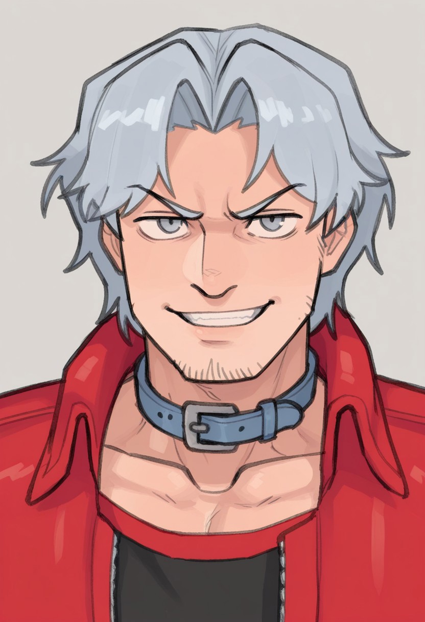 ruka481,

1boy, solo, portrait, stubble, bangs, smile, teeth, grin, collarbone, grey hair, short hair, facial hair, grey eyes, parted bangs, hair intakes, parted lips, v-shaped eyebrows, male focus, looking at viewer, jacket, shirt, collar, red shirt, collared jacket, open jacket, black shirt, open clothes, red jacket