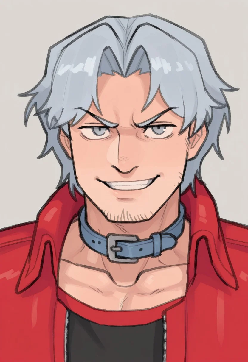 ruka481,

1boy, solo, portrait, stubble, bangs, smile, teeth, grin, collarbone, grey hair, short hair, facial hair, grey eyes, parted bangs, hair intakes, parted lips, v-shaped eyebrows, male focus, looking at viewer, jacket, shirt, collar, red shirt, collared jacket, open jacket, black shirt, open clothes, red jacket