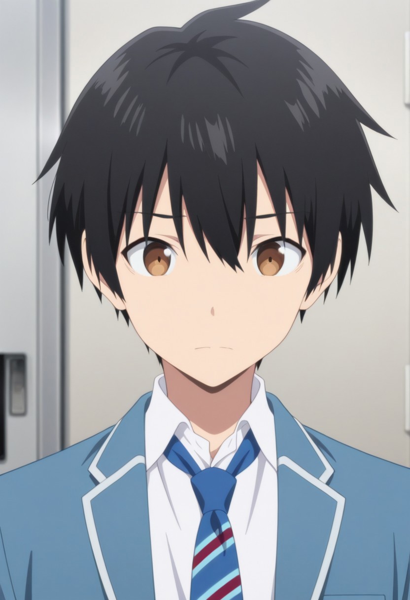 masterpiece,best quality,amazing quality, source_anime, 
NagumoHajime, 1boy, male focus, solo, brown eyes, black hair, school uniform, shirt, white shirt, collared shirt, necktie, blue necktie, striped necktie, jacket, blazer, blue jacket,