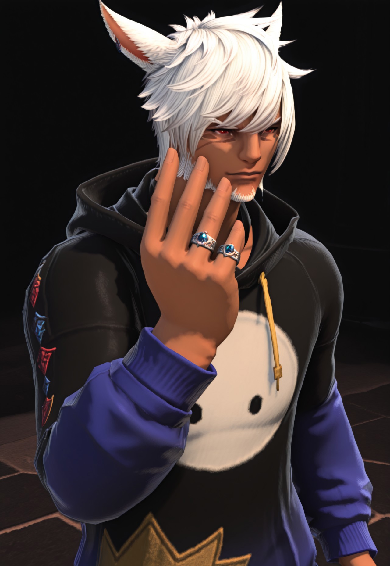 masterpiece, very aesthetic, best quality, absurdres, 3KK4T14, G3NTL3B34N, animal ears, 1boy, solo, miqo'te, male focus, facial hair, dark skin, cat ears, dark-skinned male, jewelry, red eyes, ring, white hair, beard, short hair, upper body, hood, hoodie, long sleeves, hood down, , hand up,
