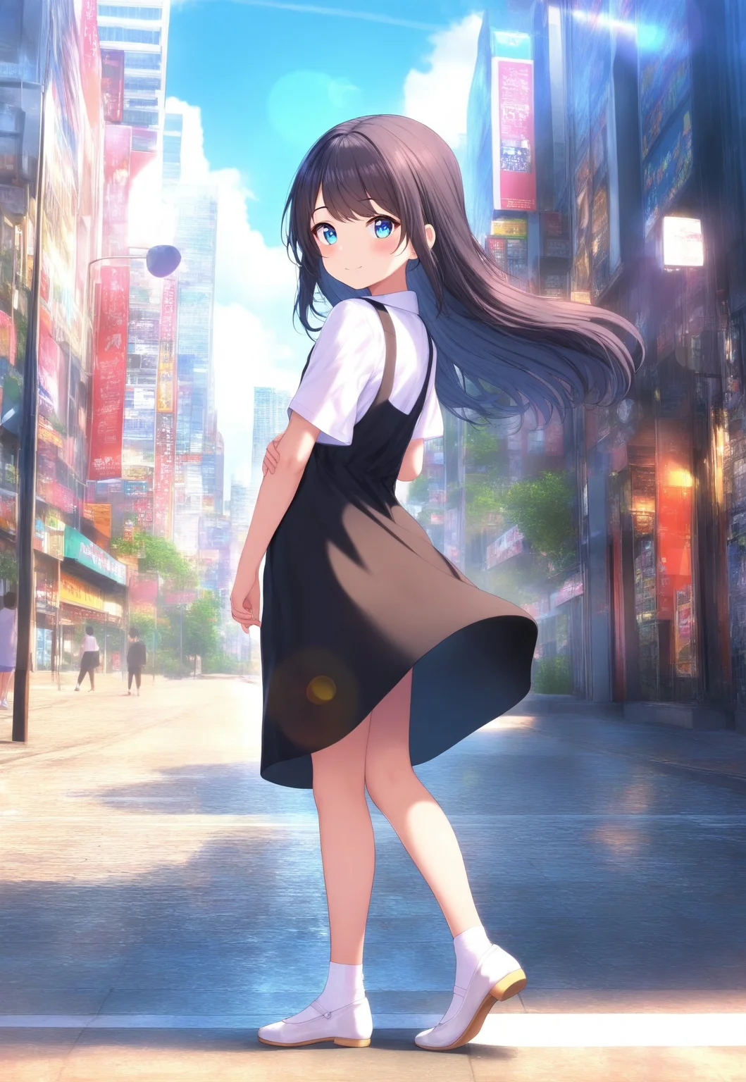 masterpiece, best quality,amazing quality,(1girl), solo,(depth of field),(solo focus),8K,HDR,(ultra high res),(highres),(full body),(lens flare),smile,blush,(black hair),(long hair),(blue eyes),(floating hair), sidelocks,(malaysian secondary school uniform),(pinafore dress),(black skirt),(black pinafore),(collared shirt),(white shirt),(short sleeves),(white socks),(short socks),(white footwear),(ballet flat),(outdoor),(cityspace),(city),(street),(lampost),(standing),(looking at viewer),child