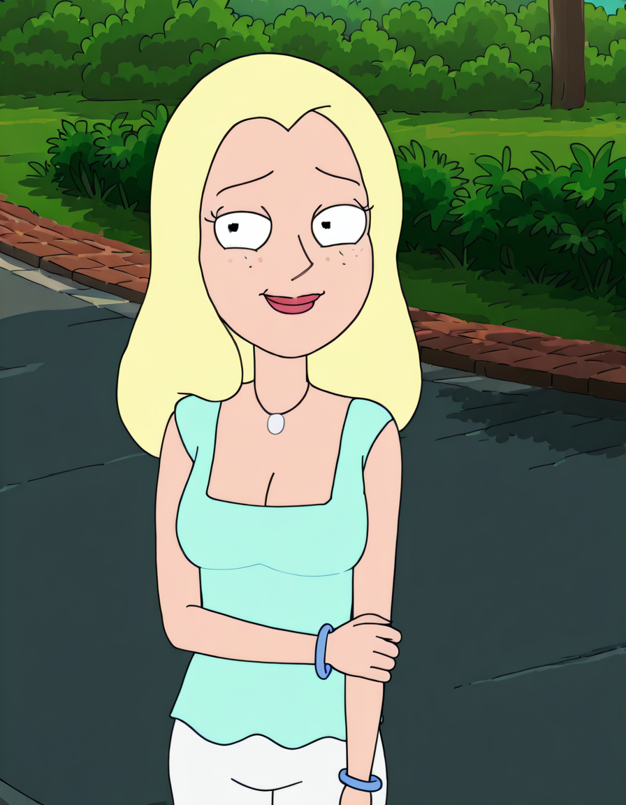 <lora:DianeIllustrious1.0JLFO:1> diane, 1girl, blonde hair, solo, freckles, long hair, necklace,white pants breasts, cleavage, aqua shirt, smile, bracelet,looking at viewer, holding own arm,shy,  outdoors,