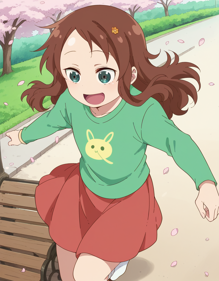 score_9, score_8_up, score_7_up, source_anime, <lora:riko-saikawa-s2-ponyxl-lora-nochekaiser:1>, riko saikawa, long hair, brown hair, green eyes, hair flower, hair ornament, flower,, skirt, shirt, long sleeves, red skirt, white socks, green shirt,, park, cherry blossoms, bench, gentle breeze, peaceful, running, open mouth,, smile, , from above,, solo,, dutch angle,