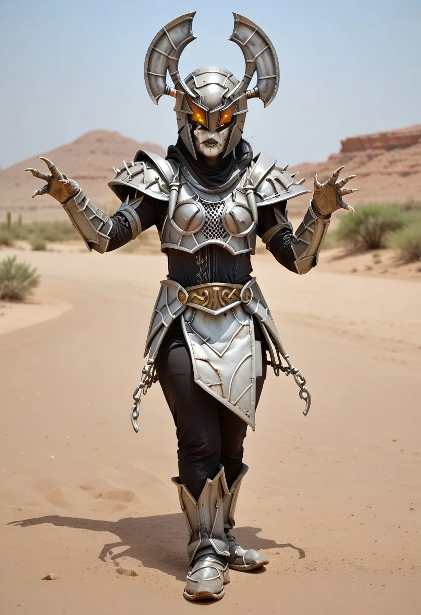 score_9, score_8_up, score_7_up, score_6_up, 1femkaijin, grey scorpion themed costume, fk helmet, sculpted mouth, stinger hand, skirt, full body, in desert, dynamic pose, Kodak Gold 200 analog film stock style, Style-DoF