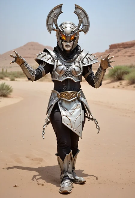 score_9, score_8_up, score_7_up, score_6_up, 1femkaijin, grey scorpion themed costume, fk helmet, sculpted mouth, stinger hand, skirt, full body, in desert, dynamic pose, Kodak Gold 200 analog film stock style, Style-DoF
