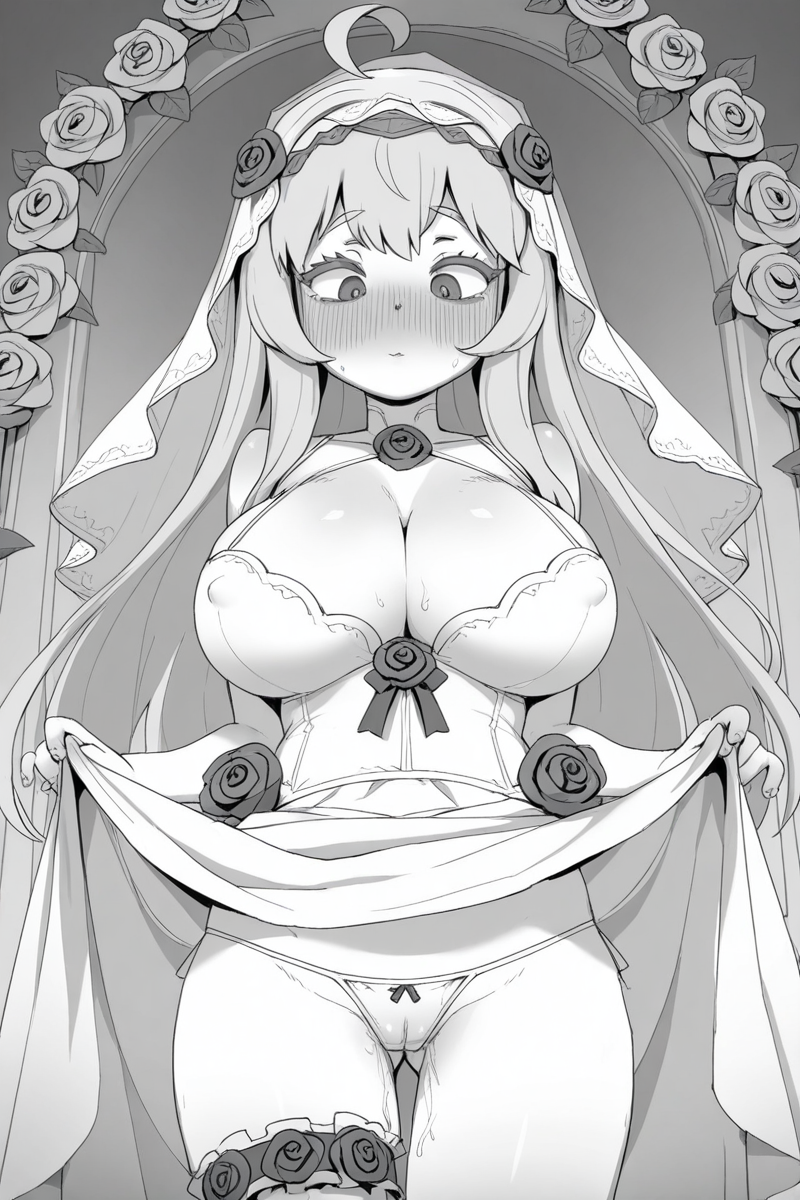 masterpiece, best quality, amazing quality,
<lora:JJ.JJ_r1:1> jj.jj, greyscale, monochrome, 1girl, solo, flower, breasts, long hair, large breasts, blush, underwear, ahoge, panties, veil, rose