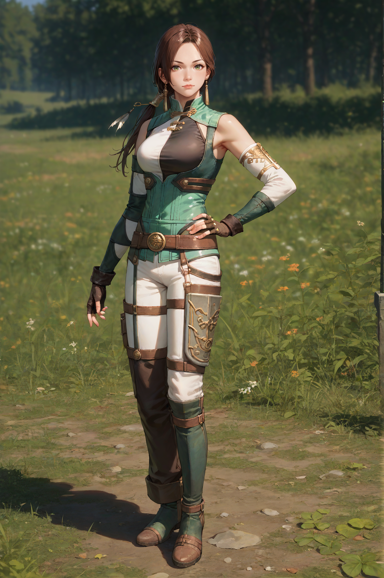 score_9, score_8_up, score_7_up, masterpiece, source_anime, She stands with one hand resting on her hip, the other holding a drink., <lora:Yueying_Dynasty_Warriors:0.7> 1girl, solo, green eyes, brown hair, long hair, ponytail, earrings, jewelry, fingerless gloves, boots, looking at viewer, outdoors