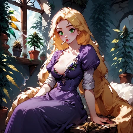 Score_9_up, score_8_up, score_7_up,iwbitu, Expressiveh, Rapunzel is sitting in a round stone tower room on a faded blue beanbag by the window. She has a satisfied look on her face. Her eyes are bloodshot and drooping. Her hair is braided and is trailing and draped accros objects in the room. An arched stone window is opem behind her. She is smoking a ((rolled cigarette)) and leaning out the window ((blowing rainbow colored smoke rings)). The room is overflowing with potted ((marijuna plants)) in varying sizes and colors. Large_stone wall, castle window, purple dress, downblouse, puffy sleeves, very long hair, blonde, green eyes, marijuana, plant, leaf, potted plant,