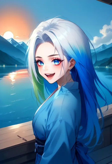 score_9, score_8_up, score_7_up, 8k uhd, masterpiece, best quality, high quality, absurdres, ultra-detailed, (highly detailed), OverallDetail, Expressiveh,
,
((( Adult )))
,
(((1 woman)))
,
(((RoxanaF, blue eyes, multicoloured hair, yukata)))
,
((( TeraceWA, lake, sky, mountains, sunset )))
,
((( Smiling, posing, face close-up view, side view)))