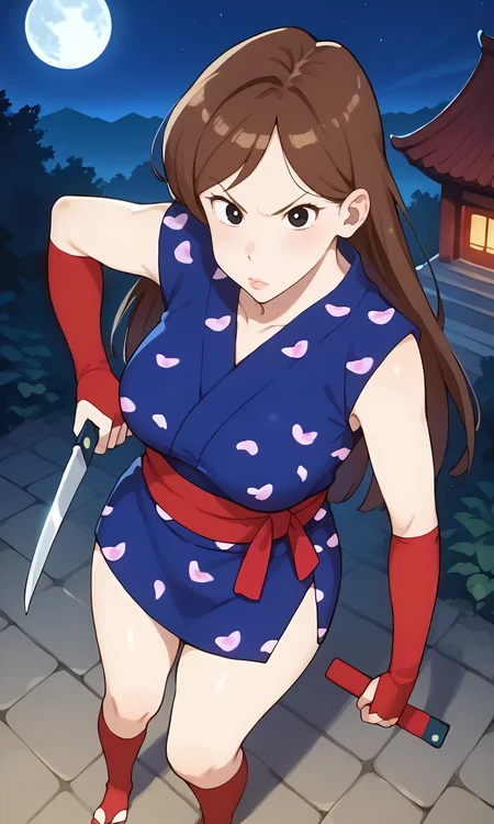 (1girl:1.5), (solo:1.3), (score_9, score_8_up, score_7_up, score_6_up, score_5_up, score_4_up), (source_anime), rating_questionable, looking at viewer, (cowboy shot:1.3), angry, fighting stance, legs apart,
<lora:agent-ogin_v1:0.9> (agent-ogin), (slightly chubby, black eyes, eyelashes, brown hair, long hair, lips), (blue kimono, short dress, japanese clothes, side slit, sleeveless, red obi, red fingerless gloves, elbow gloves, red socks, tabi), (large breasts), holding knife,
outdoor, japanese temple, night, night sky, moon, (from above:1.3)