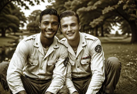 ((((((A professional, hyper-realistic, ultra-high-resolution monochrome photo taken slightly from above in deep AgedSepiaCE tones, resembling authentic 1930s vintage monochrome photography)))))). (((((((The entire image is monochromatic sepia with no color))))))). ((((((((Only two ethnically different men, both very happy, smiling, and handsome with clean shaved faces)))))))). (((((Both men are wearing 1942 white usa navy uniforms for Enlisted crew)))))))))). They are relaxing on a plaid picnic blanket laid out on grass next to a pond. They are sitting very close leaning on each other and one arm around the other's shoulders. Both are gazing into each other's eyes. ((((((No other people present in the image)))))). ((((((The background is simple and clear, with no floating objects, hats, or distractions)))))). ((((((The lighting and shadows reflect a soft, aged sepia hue, with a warm, the scene from 1940 has a nostalgic atmosphere typical of 1930s photographs)))))). The photo has signs of wear on the edges and a couple of scratches. (((((Their other two hands are resting naturally, empty))))).