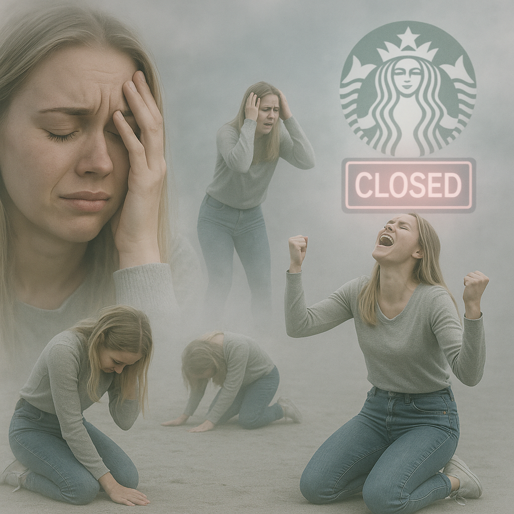 A surreal, overly dramatic emotional breakdown scene featuring a stereotypical young adult white American woman in a foggy, undefined dreamlike void. The background is ambiguous—empty, desaturated space with soft gray tones and no identifiable location, creating an atmosphere of emotional limbo. The woman appears in multiple ghostly, double-exposure poses: one where she’s collapsed on her knees sobbing, one standing and screaming to the sky while holding a Starbucks cup, one sitting on the ground in stunned disbelief, one clutching her phone as if receiving devastating news, and one large, transparent overlay of her crying into her hands. She is dressed in stereotypical casual American fashion: yoga pants, oversized sweatshirt, messy bun, sunglasses on head, and Ugg boots. Her expressions are exaggerated and melodramatic, parodying cinematic portrayals of grief. In the distant foggy background, a glowing Starbucks logo appears with a large red neon “CLOSED” sign across it, floating like a lost symbol of comfort. The scene is desaturated with muted colors, soft vignette, atmospheric haze, and high emotional absurdity—meant as satirical commentary on consumer culture and trivial crisis reactions. No captions or text included.