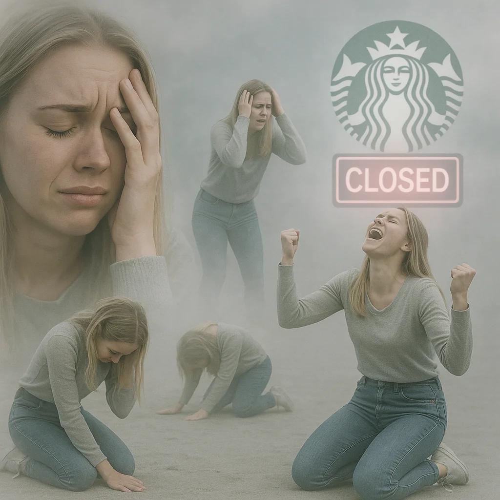 A surreal, overly dramatic emotional breakdown scene featuring a stereotypical young adult white American woman in a foggy, undefined dreamlike void. The background is ambiguous—empty, desaturated space with soft gray tones and no identifiable location, creating an atmosphere of emotional limbo. The woman appears in multiple ghostly, double-exposure poses: one where she’s collapsed on her knees sobbing, one standing and screaming to the sky while holding a Starbucks cup, one sitting on the ground in stunned disbelief, one clutching her phone as if receiving devastating news, and one large, transparent overlay of her crying into her hands. She is dressed in stereotypical casual American fashion: yoga pants, oversized sweatshirt, messy bun, sunglasses on head, and Ugg boots. Her expressions are exaggerated and melodramatic, parodying cinematic portrayals of grief. In the distant foggy background, a glowing Starbucks logo appears with a large red neon “CLOSED” sign across it, floating like a lost symbol of comfort. The scene is desaturated with muted colors, soft vignette, atmospheric haze, and high emotional absurdity—meant as satirical commentary on consumer culture and trivial crisis reactions. No captions or text included.