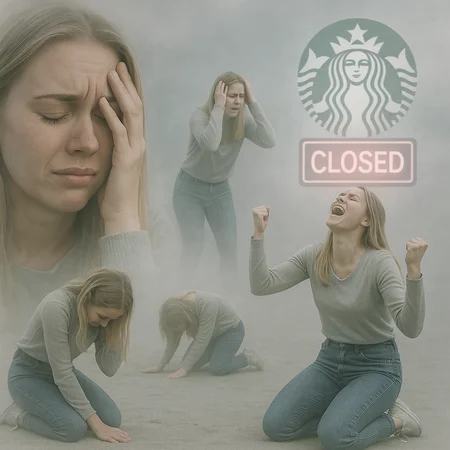 A surreal, overly dramatic emotional breakdown scene featuring a stereotypical young adult white American woman in a foggy, undefined dreamlike void. The background is ambiguous—empty, desaturated space with soft gray tones and no identifiable location, creating an atmosphere of emotional limbo. The woman appears in multiple ghostly, double-exposure poses: one where she’s collapsed on her knees sobbing, one standing and screaming to the sky while holding a Starbucks cup, one sitting on the ground in stunned disbelief, one clutching her phone as if receiving devastating news, and one large, transparent overlay of her crying into her hands. She is dressed in stereotypical casual American fashion: yoga pants, oversized sweatshirt, messy bun, sunglasses on head, and Ugg boots. Her expressions are exaggerated and melodramatic, parodying cinematic portrayals of grief. In the distant foggy background, a glowing Starbucks logo appears with a large red neon “CLOSED” sign across it, floating like a lost symbol of comfort. The scene is desaturated with muted colors, soft vignette, atmospheric haze, and high emotional absurdity—meant as satirical commentary on consumer culture and trivial crisis reactions. No captions or text included.