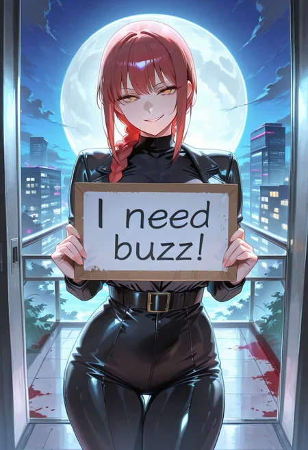 score_9, score_8_up, score_7_up, masterpiece, best quality, extremely detailed, absurdres, 1girl, makima, solo, sexy, standing in front of bloody moon, holding sign, need_buzz, evil smirk, smirk widely, looking at viewer, eye contact, highly detailed.