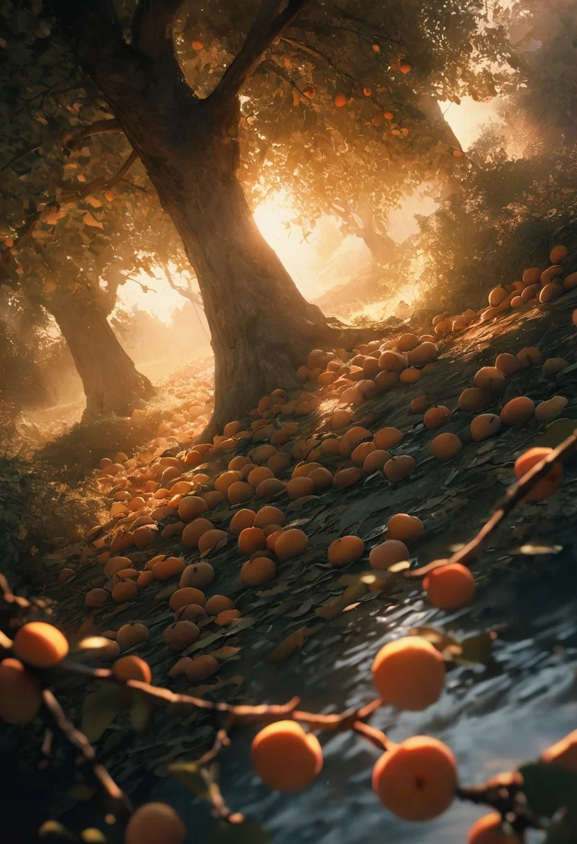 (best quality, 8k, high res, masterpiece:1.2), photorealistic, ultra-detailed, Photograph of an apricot orchard at sunset. The trees are small and a bit old. The trees are laden with ripe apricots in shades of orange with hints of red, their leaves a bright green, the branches drooping with the weight of the fruit. Sunlight filters through the branches, casting a warm, golden glow over the entire scene. A gentle breeze rustles the leaves and carries the sweet scent of apricots through the air. This idyllic scene captures the serene beauty and abundance of nature in exquisite detail. (dynamic angle, cinematic lighting, ethereal atmosphere:1.1), (extremely detailed:1.2), (vivid colors:1.3), (perfect composition:1.2), (sharp focus, stunning realism:1.2)