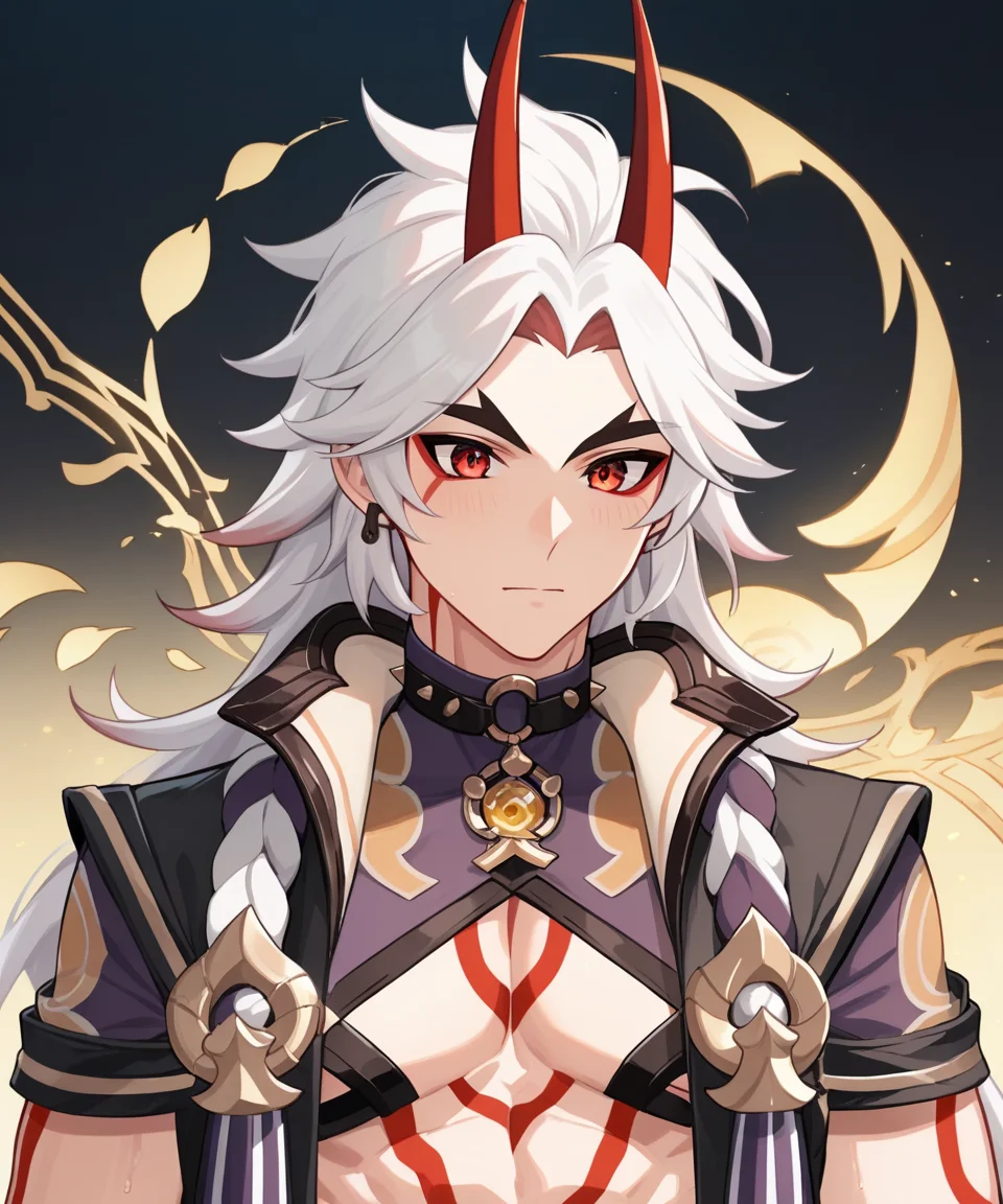 score_9, score_8_up, score_7_up, score_6_up, score_5_up, score_4_up, source_anime, arataki itto, red eyes, genshin impact, white hair, long hair, oni horns, 1boy, male focus, god of ethereal dreams and magic, teardrop pecs, ornaments, gold, jewelry, from close distance, realism, intricate details, <lora:ittoPDXL:1>