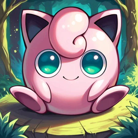 score_9_up, score_8_up, score_7_up, best quality, masterpiece, source_anime, detailed background, green background, forest, BREAK 1girl, solo, jigglypuff_(\pokemon\), pokemon_(creature), pink body, circle body, big ears, pink hair, big eyes, green eyes, smile, sitting, looking at viewer, <lora:PDXL_Jigglypuff_PKMN:1>