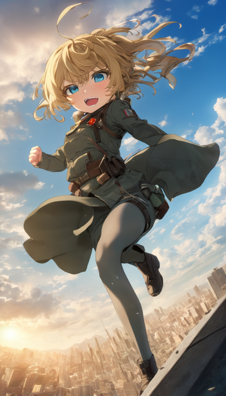 long shot scenic professional photograph of Cinematic scene, hero view, Tanya Degurechaff, Youjo Senki <lora:tanya_degurechaff_xl_v7:1>, action pose, detailed background, masterpiece, best quality, high quality, absurdres, perfect viewpoint, highly detailed, wide-angle lens, hyper realistic, with dramatic sky, polarizing filter, natural lighting, vivid colors, everything in sharp focus, HDR, UHD, 64K
