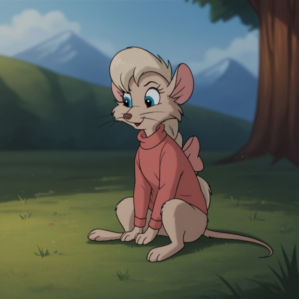 score_9, score_8_up, score_7_up, score_6_up, score_5_up, score_4_up, source_furry, jennynimh2, semi-anthro, female, mouse, brown fur, ponytail, pink sweater, long sleeves, blue eyes, outside, sitting, in the grass, pink  bow, solo, 1girl