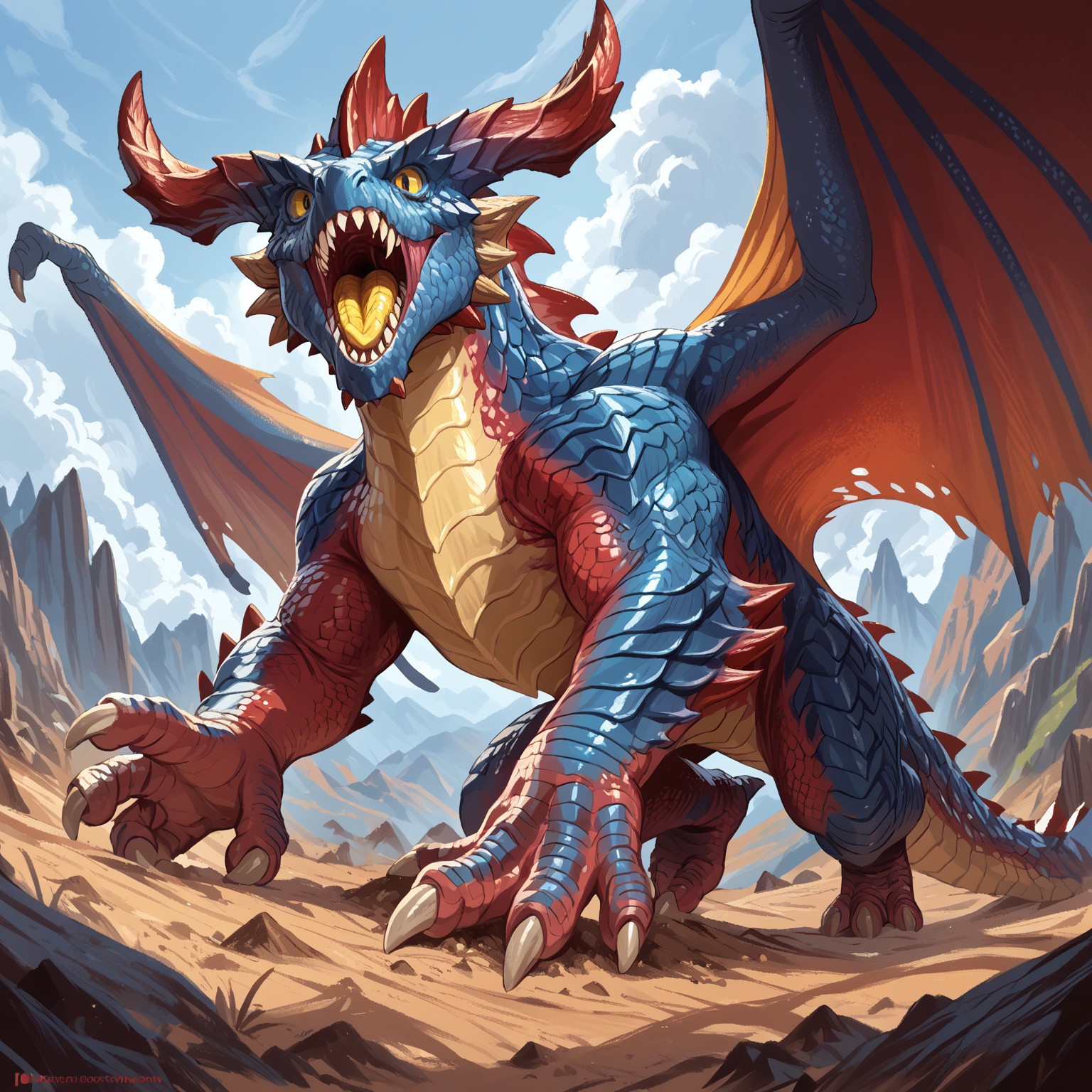 Red dradon ,dnd_dragon no humans wings dragon horns tail cloud scales monster sharp teeth claws teeth sky open mouth giant mountain yellow eyes solo spikes score_9 score_8_up score_7_up score_6_up score_5_up score_4_up no humans