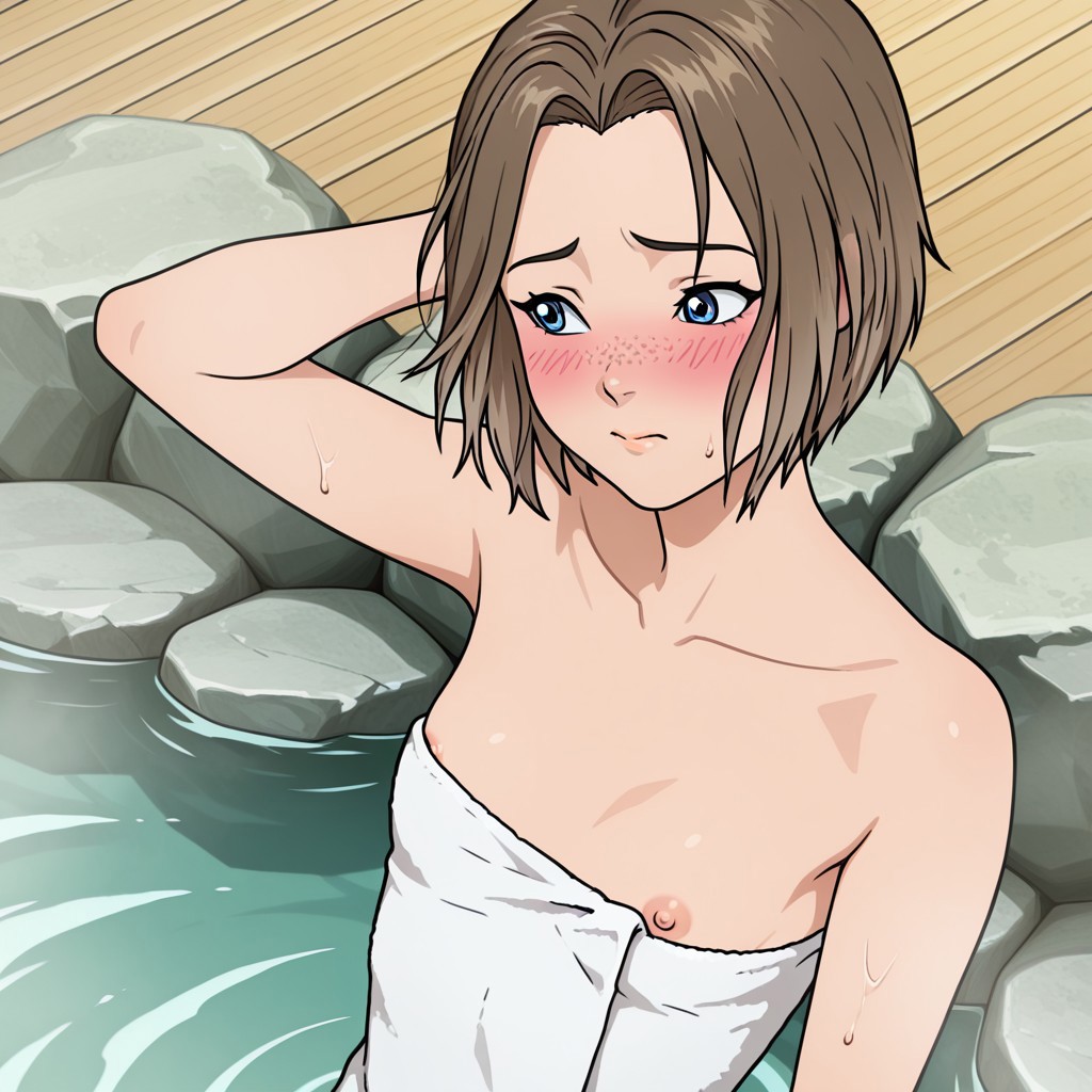 masterpiece,best quality,amazing quality,newest, absurdres, highres, (detailed eyes:1.2), beautiful, perfect eyes, finely detailed face,
anime coloring, anime screencap,
BREAK
1girl,RobynSpade,short hair,brown hair,freckles,blue eyes,
naked towel,
small breast, small areolas, small nipples, nipple slip,
one hand behind the head,
BREAK
blush,
BREAK
from above,
BREAK
onsen,