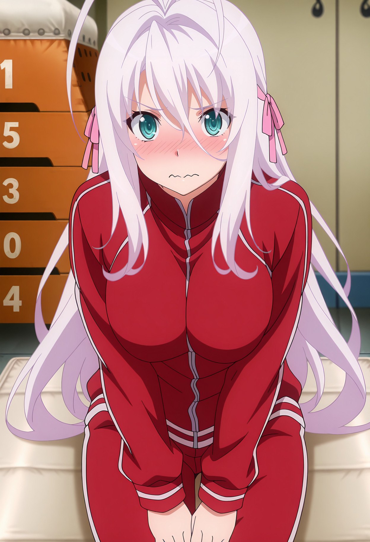 anime screencap, masterpiece, best quality,
<lora:HighSchoolDxDHERO_Rossweisse_IlluXL:0.9>,
1girl, solo, wavy mouth, closed mouth, nose blush,
long hair, white hair, antenna hair, aqua eyes, hair ribbon, pink ribbon,
RossweisseTrack, track jacket, red jacket, track pants, red pants,
sitting, looking at viewer,
blurry background, gym storeroom