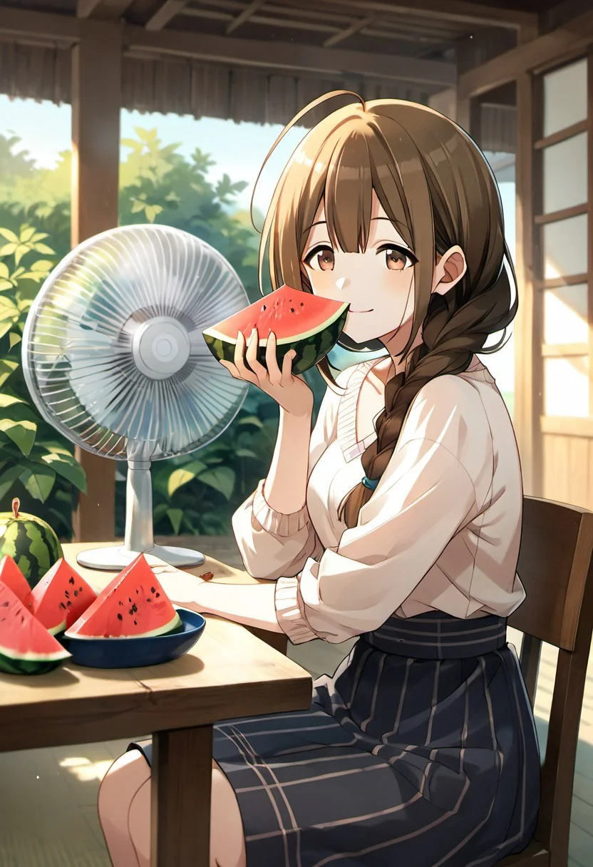 score_9, score_8_up, score_7_up, source_anime, kuwayama chiyuki, brown hair, brown eyes, long hair, 1girl, watermelon, braid, food, fruit, solo, electric fan, sitting, jewelry, skirt, smile, table, hair over shoulder, ahoge