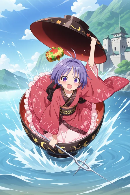 absurdres, highres, masterpiece, best quality, amazing quality, official anime artwork, screencap, anime screencap, outdoors, light smile, looking at viewer, dynamic pose, shining needle castle,
<lora:Shinmyoumaru-Sukuna_Illustrious:1> sukuna shinmyoumaru, 1girl, solo, blue eyes, purple eyes, blue hair, purple hair, short hair, antena hair,, bowl hat, japanese clothes, red kimono, frilled kimono, long sleeves, wide sleeves, sash, pink skirt, frilled skirt, 
minigirl, miracle mallet, in a bowl, oversized bowl, open mouth, arm support, blush, bowl, bowl boat, bowl hat, day, holding bowl, holding hat, sky, splashing, unworn hat, water,