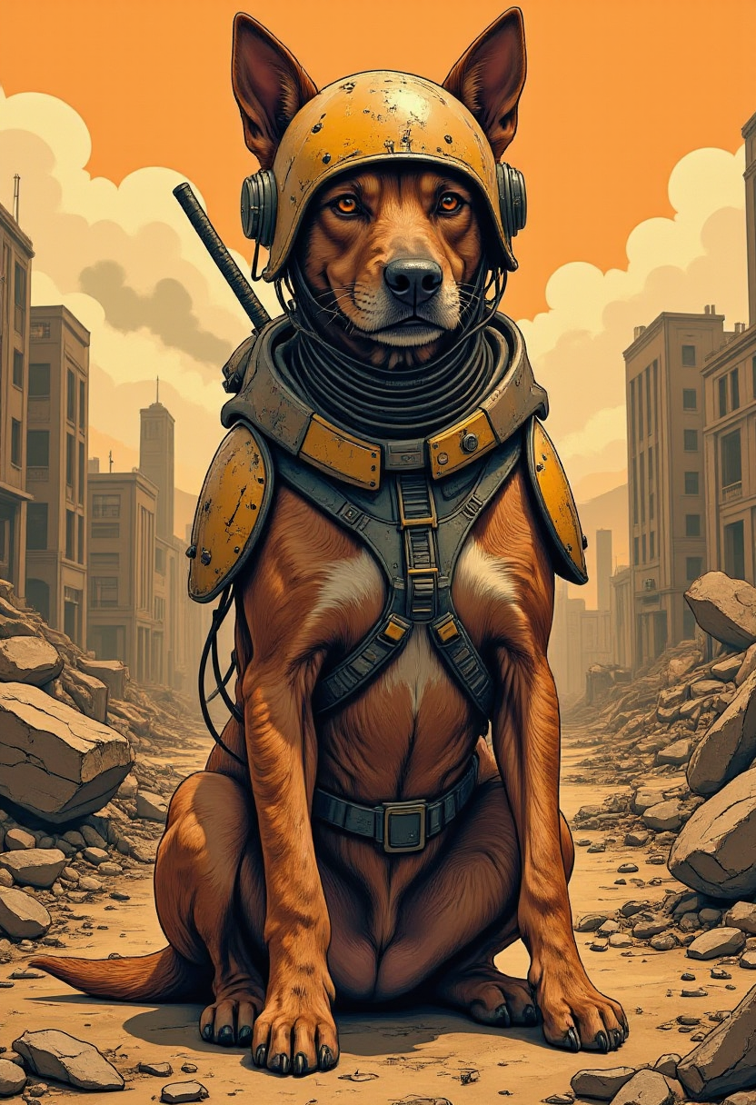 Recypu style, recypu style. A rugged dog wearing a battered tanker’s helmet sits alert amidst the desolation, its expression both determined and vigilant. The helmet is worn and scratched, hinting at countless battles in a harsh post-apocalyptic world. Behind the dog stretches a landscape of ruins: crumbled buildings, twisted metal, and scorched earth under a dusty, orange-hued sky. Faint plumes of smoke rise in the distance, adding to the atmosphere of destruction. The dog is surrounded by scattered debris, its stance exuding loyalty and resilience, a lone survivor in this dystopian setting.