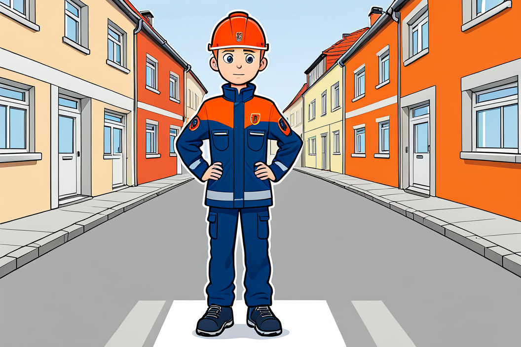 (cartoon with outlines) of  jugendfeuerwehr teenage person standing in the street <lora:Jugendfeuerwehr:0.8>