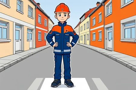 (cartoon with outlines) of jugendfeuerwehr teenage person standing in the street <lora:Jugendfeuerwehr:0.8>