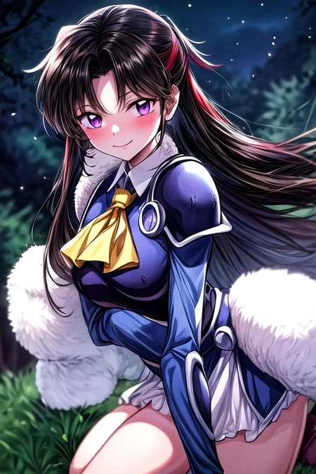masterpiece, best quality 1girl Setsun4 solo long hair, (night time) forest background black hair very long hair purple eyes multicolored hair armor (fur trim) (medium body),<lora:EMS-179-EMS:0.800000>,<lora:EMS-293862-EMS:0.800000> bow, hair_bow, hair_tubes, red_bow, brown_hair, long_hair, bangs, ascot, frilled_bow, yellow_ascot, blush, smile, hair_between_eyes, athletic, armor