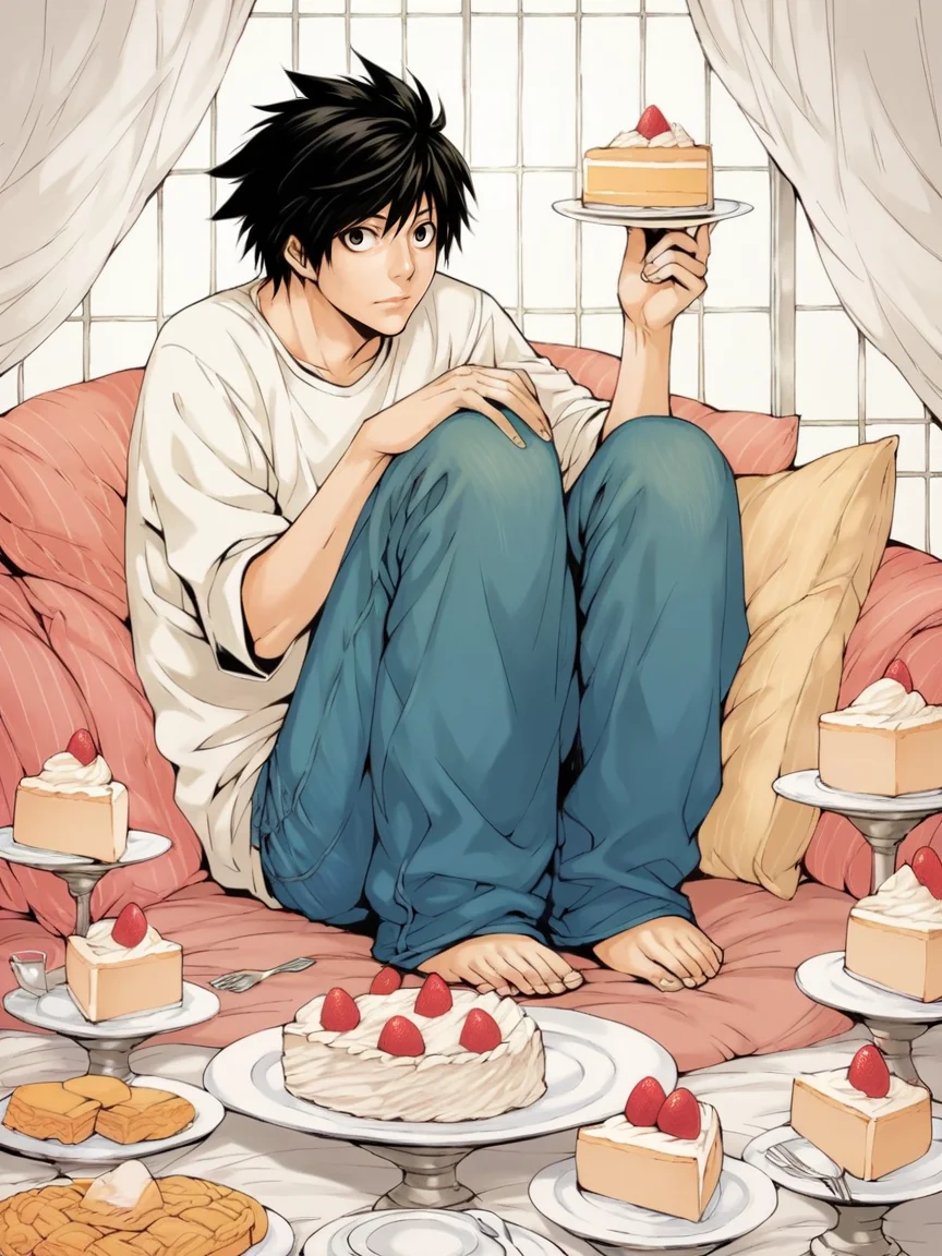 score_9, score_8_up, score_7_up, score_6_up, score_5_up, <lora:d34thn0t3XLP:1> d34thn0t3, 1boy, L, jeans, barefoot, black hair, solo, cake