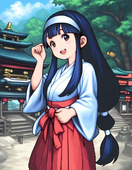 score_9, score_8_up, score_7_up, source_anime, rating_explicit, BREAK <lora:Sayo-chan_XL:1> sayo-chan, long hair, blue hair, hairband, white hairband, low-tied long hair, bangs,black hair, sidelocks, blunt bangs,
1girl, solo, japanese clothes, miko, smile, red hakama, hakama, skirt, bow, hakama skirt, brown eyes, open mouth,
shrine, rope, tree, outdoors,
smile,
looking at viewer,
cowboyShot,