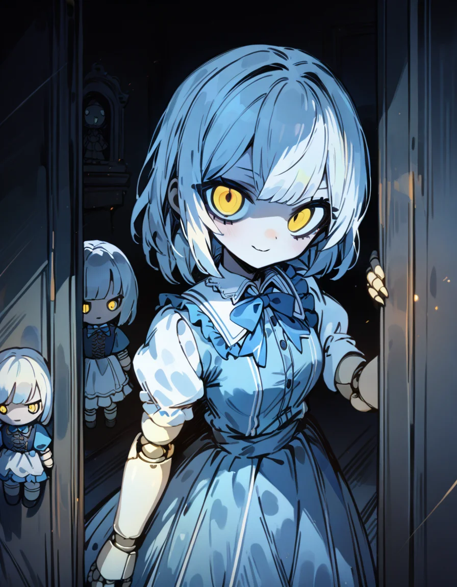 (masterpiece), best quality, (4K), (cinematic lighting), highly detailed, 8K, UHD, ultra detailed, immersive picture, vivid , 1girl, solo, <lora:EridollP:1>, horror theme, glowing yellow eyes, dark lighting, eerie smile, doll, peeking at viewer from behind corner, manor, doll joints, long white hair, blue victorian dress
