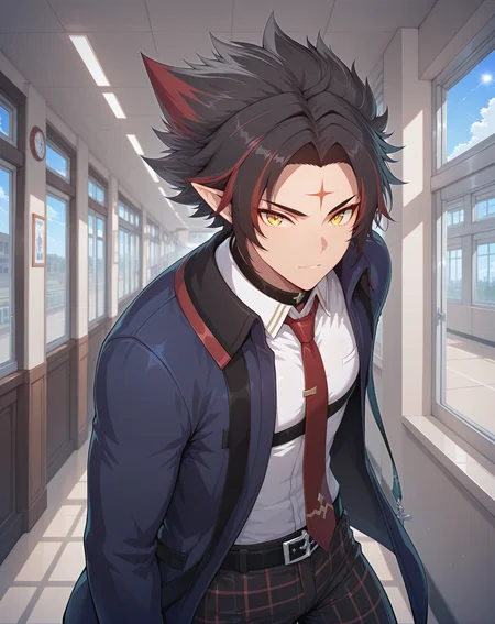 masterpiece, best quality, absurdres, very aesthetic,
1boy, solo, yaoi, male focus,
looking at viewer, cowboy shot,
<lora:Ryan_Werewolf:1> ryanwerewolf, black hair, multicolored hair, pointy ears, facial mark, red hair, two-tone hair, streaked hair, forehead mark, yellow eyes,
school uniform, white shirt, collared shirt, blue jacket, red necktie, black pants, plaid pants,
indoors, school, hallway, window, day, sun,