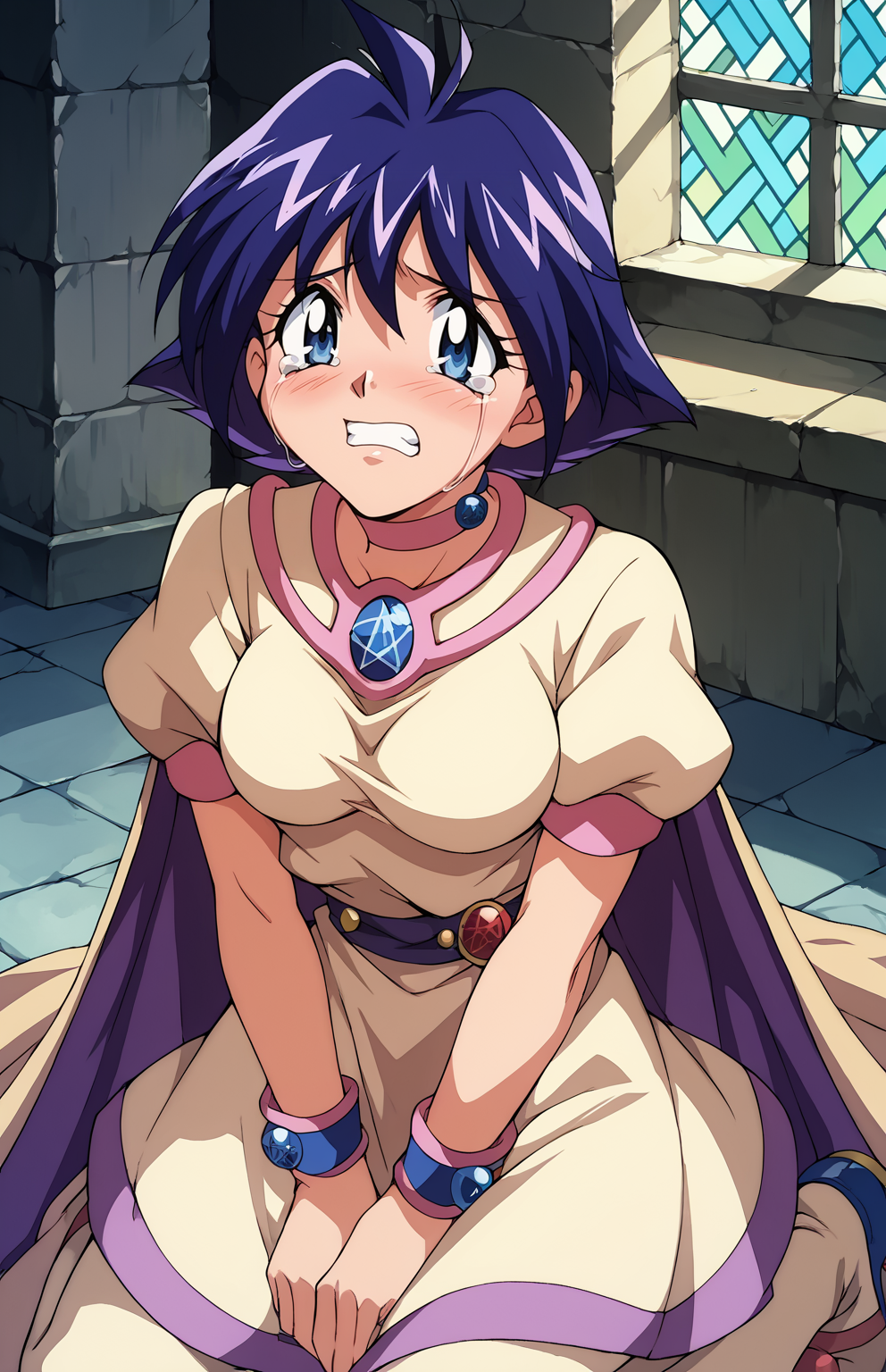 score_9,score_8_up,score_7_up,score_6_up BREAK source_anime,rating_explicit,masterpiece,best quality,detailed background,<lora:Amelia_Wil_Tesla_Saillune_Slayers_culty:0.8>,amelia,1girl,short hair,blue eyes,purple hair,retro artstyle,1990s (style),pentacle,cape,choker,short sleeves,skirt,upper body,face focus,kneeling,tears,clenched teeth, indoors, castle,