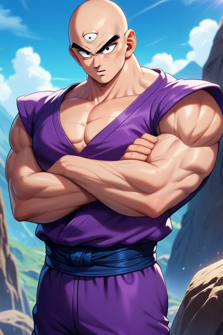 score_9, score_8_up, score_7_up,score_6_up, score_5_up,score_4_up, tien, 1boy, solo, muscular male, black eyes,third eye,bald, purple shirt,purple pants, white cape,pectoral cleavage,cowboy shot,looking at viewer,rock, mountain,dessert, crossed arms,blue sash,sleeveless, <lora:TienPony:1>