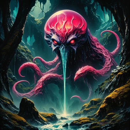 primordial and otherworldly scenery on a distant planet, very aesthetic, extremely detailed, masterwork, golden ratio, famous artwork inspired by seb mckinnon and tyler jacobson and wayne england and julie baroh, movie poster style, the mysterious "reticulated horkplurm", a trobberdaffled monster ermerging from the depths of the misty twizzlefrapped swamps of planet "shmoddersphere vii", shown here with its hizzled wings glistening in the moonlight as it hinkleburgs, twisting trees and wobblefjording the will-o'-wisps in its habitat, perfect proportions, detailed expressive eyes, dappled lighting, ovg, arsmoviestill, dndgr41nyb0yz style, <lora:style-80s_fantasy_movie-v3-flux-by_arsmachina:0.92> <lora:style-dnd_grainyboyz-romulus-flux-by_kimwithdapuss:0.48> <lora:image_enhancer-flux-by_dever:0.8>