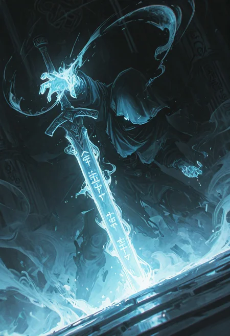 dynamic angle, unusual angle, dynamic, dynamic composition,
In the dim, flickering light, a shadowy figure emerges, its presence cloaked in an air of mystery. Slowly, it reaches out toward the hilt of the shattered runic sword, its movements deliberate yet hesitant. The ancient engravings on the hilt begin to pulse faintly, glowing like a dying ember, their light casting eerie shadows across the figure’s outstretched hand. The closer it gets, the air grows colder, heavy with an otherworldly presence. From the jagged break in the blade, spectral wisps begin to unfurl, curling and twisting like smoke, their forms coalescing into ghostly faces etched with agony. Whispers fill the air—soft at first, but rising into a cacophony of tormented wails. The figure’s hand trembles as its fingers hover just above the hilt, as though sensing the weight of the cursed power it is about to claim. Finally, with a sharp intake of breath, the hand closes around the sword. The runes ignite with a blinding light, and the escaping souls recoil, writhing in both fear and fury.